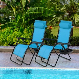 S AFSTAR Folding Reclining Lounge Chair, Outdoor Zero Gravity Recliner W/Side Tray & Detachable Headrest Pillow, Heavy-Duty Steel Frame, Reclining Folding Chair for Poolside, Backyard (2, Blue)