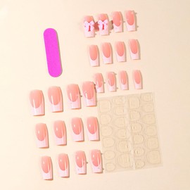 KTAABTR 24Pcs French Tip Press on Nails Medium Coffin Nails Bow Charms Fake Nails with Glue French Tip Acrylic Nails Design Valentine French Tip Bow False Nails Stick on Nails for Women Girls