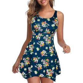 Septangle Traje de baño de una pieza para mujer, con control de barriga, estampado floral, con volantes y falda, Flor azul y naranja, 14