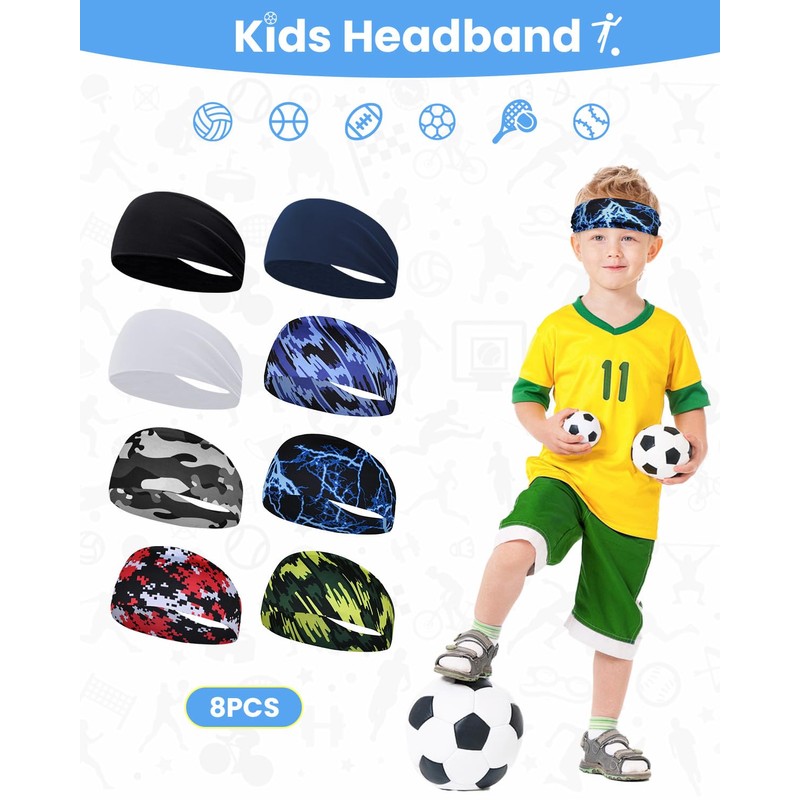 8 Pcs Sports Headbands for Boys,Breathable Kids Sweatbands with Non