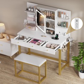 YITAHOME Vanity Desk with Mirror and Lights & Hidden Jewelry Storage Shelves, Makeup Vanity Table with Stool and Plug Outlet, 3 Drawers and 6 Open Shelves Dressing Table for Bedroom, White and Gold