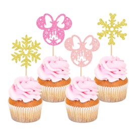 Ercadio - Paquete de 24 adornos de copos de nieve inspirados en mouse, copos de nieve, copos de nieve, adornos de pastel de Navidad, decoración de pastel para invierno, temática del país de las maravillas para baby shower, suministros de fiesta de cumple