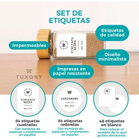 Juego de 216 Etiquetas Adhesivas Impermeables en Español para Especieros de Cocina, ideal Especias y Condimentos, Etiquetas impresas mate Redondas y Cuadradas versión para México