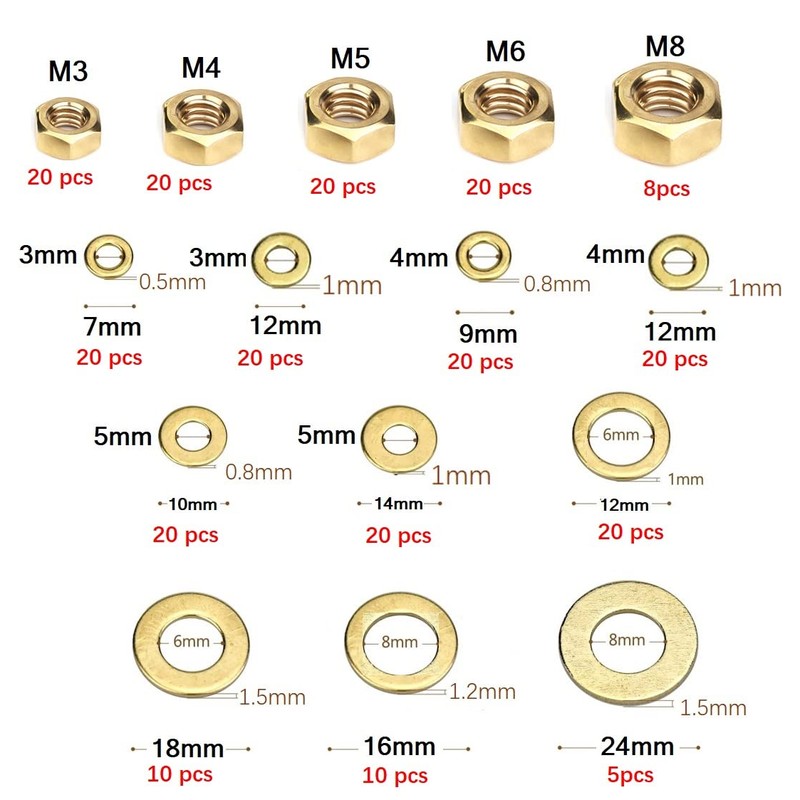 FEEIFOL 253 Pieces Brass Hex Nut and Washers Set 5