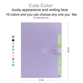 Forvencer Accordion File Organizer, Letter Size, 5 Pocket Expanding File Folder, Cute File Folder with Labels, Portable File Organizer for School Office Supplies, Folders for Documents, Purple