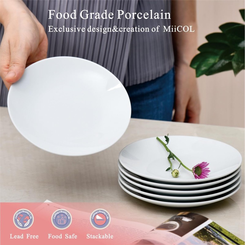 Miicol Small Dessert Plates Set of 6, Ceramic White Appetizer