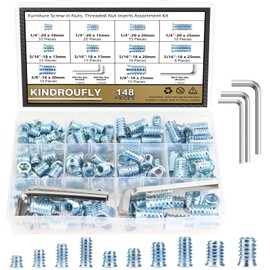 Kindroufly 148 Pieces 1/4"-20, 5/16"-18, 3/8"-16 Threaded Inserts, Nut Inserts, Wood Inserts, Steel Threaded Inserts Assortment Kit for Wood Furniture Screw, Blue Color
