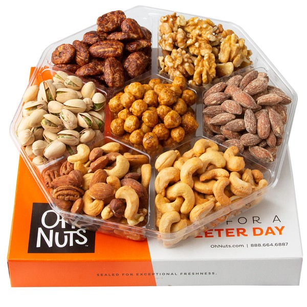 Oh! Nuts 7 Variety Roasted Salted Nuts Holiday Gift Basket - 1.8 LB Prime Gourmet Assortment Nuts Tray, Gift Ideas for Birthday, Anniversary, Corporate for Men and Women