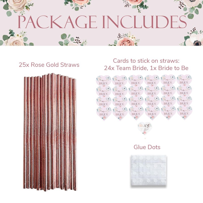 Team Bride Drinking Straws (25pcs) Rose Gold Drinks Utensils for