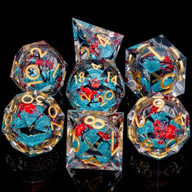 ORIFANTOU Plum Blossom DND Dice Blue Liquid Core Dice Set with Metal Box, Handmade Sharp Edge Dice D and D Polyhedral Dice for Dungeons and Dragons Role Playing Game, RPG D&D Dice Set