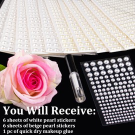 2364 Pcs of Pearl Stickers 3/4/5/6/8mm White+Beige Pearls Self Adhesive Face Gems, Stick on Body Crystal Beads with Quick Dry Makeup Glue for Face Eye Hair Nails Make up and Craft DIY Decorations