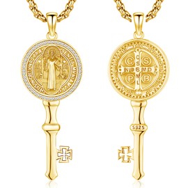 DRINSPER St Benedict Medals Necklace Patron Saint Medalla De San Benito 925 Sterling Silver San Benito Medalla Crucifix Key Pendant Religious Amulet Jewelry Gifts for Men Women,Gold