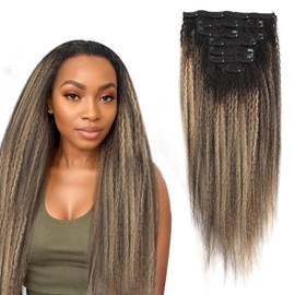 ABH AMAZINGBEAUTY HAIR Kinky Straight Clip in Hair Extensions Rooted Black Piano Natural Black #1B Fading into Caramel Blonde #27 Kinky Clip ins for Black Women 16 Inch Full Head Clip ins 120G