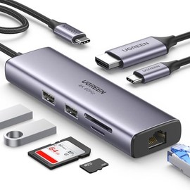 UGREEN Hub USB C, 7 en 1 Adaptador Tipo C a HDMI 4K 60Hz, Gigabit Ethernet                                                                            