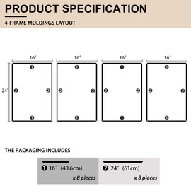 Hungbak 4 Set of 16" x 24" Pre-Cut Accent Wall Molding Trim Kit, Peel and Stick Premade Wainscoting Panels for Interior Decoration, Ready to Assemble Chair Rail Moulding