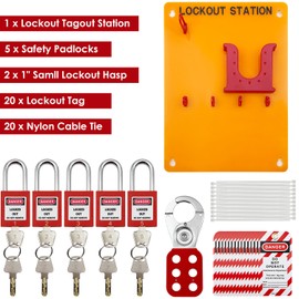 JOJOMARK Lockout Tagout Station Metal Kit with Lock Out Tag Out Loto 2 Hasps, 20 Tags, 20 Nylon Cable, 5 Locks with Number 1-5 (Orange Board kit)