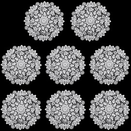 CREATCABIN 8Pcs Lace Doilies Crochet Lace Placemats Handmade Lace Coasters Round White Lotus Flower Embroidery Cup Vase Mats Polyester Doily Cloth Decor for Dining Table Home Dressers Wedding 6x6Inch