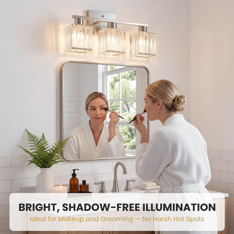 TimberAura Crystal Bathroom Light Fixtures, 3-Light Brushed Nickel, Vanity Lights