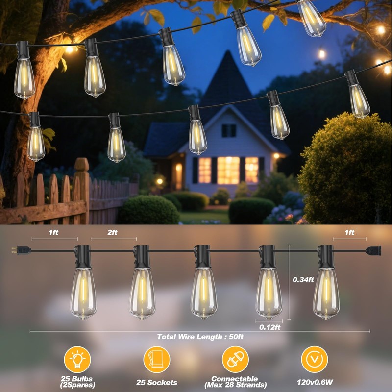 Adirxon 50 FT Outdoor String Lights with 27 Shatterproof Waterproof