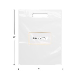 Purple Q Crafts Die Cut Plastic Shopping Bags with Thank You Logo 9" x 12" Boutique Bags with Handles 50 Pack for Merchandise, Gifts, Trade Shows and More