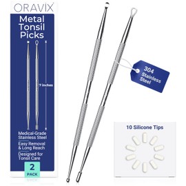 Oravix Tonsil Stone Remover Tool Pack of 2, Metal Tonsil Stone Removal Tool, 7’’ Surgical-Grade Stainless Steel Metal Pick with 10 Soft Silicone Tips, Fight Bad Breath, Safe & Easy