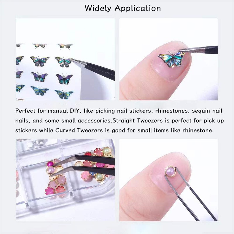 2 PCS Nail Art Tweezers, Straight and Curved Tip Picker