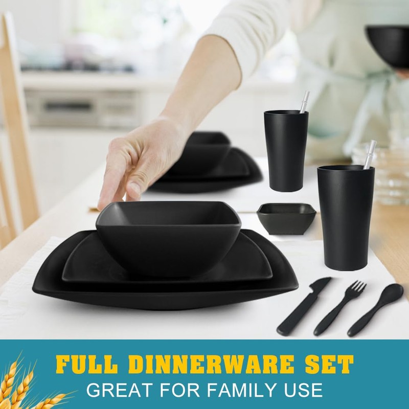Teivio 80-piece Plastic Kitchen Wheat Straw Square Dinnerware Set for