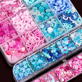 editTime Mixed Style Fashion 3D Nail Art Charms Kit Resin Camellia Rose Flower Butterfly Bow Moon Heart Bear Snake Hollow Pearl with Rhinestones and Soft Slice (Pink Blue)