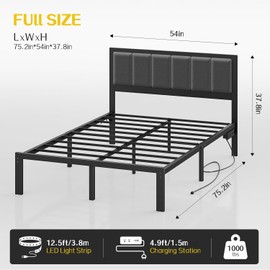 OLEVS Full Bed Frame with Headboard Metal Platform Bed Full Size with USB Charging Station and LED Lights, No Box Spring Needed