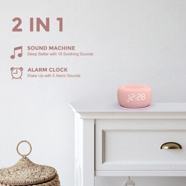 White Noise Machine & Alarm Clock 2-in-1, 18 Soothing Sound for Sleeping, 7 Night Light, Sleep Timer, Volume Control, Memory Function, Sound Machine for Sleeping Baby Adults Kids-Pink