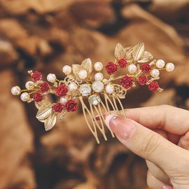 IYOU Pearl Wedding Hair Combs Red Flower Hair Accessories Crystal Leaf Headpiece Prom Bridal Hair Piece for Brides and Bridesmaids