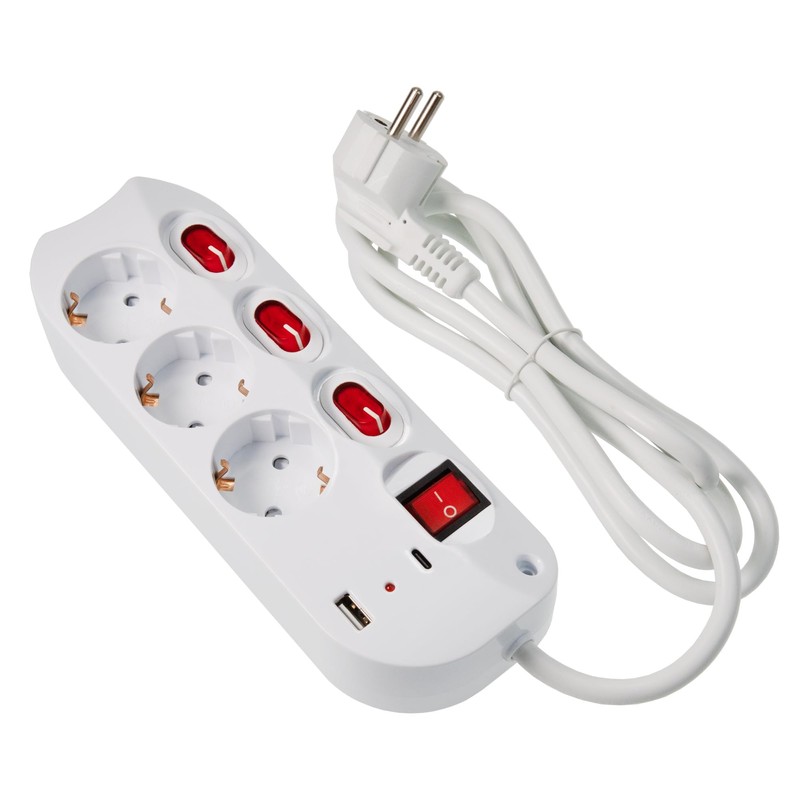 feletec Power Strip Individually Switchable 3-Way 1.5 m with 2