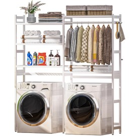 Cozivolife Over The Washer and Dryer Storage Shelf Bamboo,5 Tiers Laundry Room Drying Rack with Adjustable Shelves and 4 Hooks,Space Saver Organizer for Hanging Clothes and Towels (White)