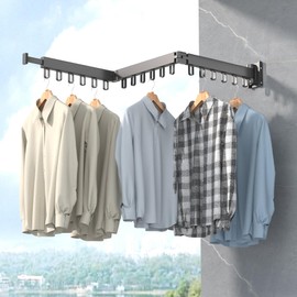 iMonse Clothes Drying Rack, Laundry Drying Rack Wall Mount for Bathroom, Retractable and Foldable Clothes Hanging Rack with U-Hooks for Laundry Room, Balcony, Closet, Bedroom(Tri-Fold), Black