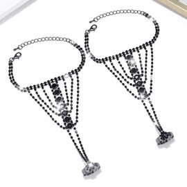 GORTIN Rhinestones Fingerless Gloves Bride Wedding Silver Glove Sparkle Prom Accessories for Women (Black, Free size)