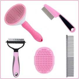 5PCS Professional Dog Grooming Kit - Includes Slicker Brush for Shedding, Dematting Comb, Flea Comb, Puppy Brush & Soft Bristle Brush for Dogs & Cats, Pet Hair Removal & Detangling Tool Set（Pink）