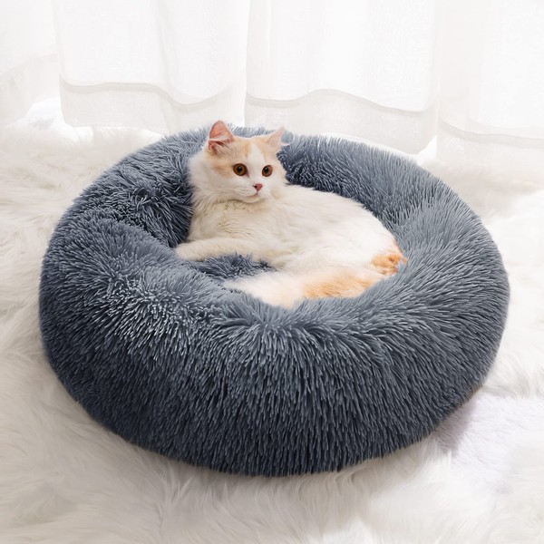 CEVICOLZE Small Cat Bed for Indoor Cats, Self-Warming Donut Kitty Bed for Small Cats Keeping Warm, Washable Pet Bed with Anti Slip Base, 20‘’ Darkgrey
