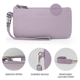 Genuine Leather Coin Purse for Women Small Change Purse with Removable Wrist Strap Zipper Wristlet Wallets with Credit Card Slot, Lavender, small, Removable Wrist Strap