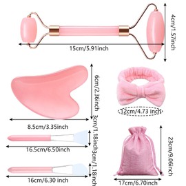 Nujvnuj 6-Piece Jade Gua Sha Stone Set, Face Roller, Beauty Massager for Skin Tightening, Jade Roller Massage Set for Anti-Ageing Wrinkles, Reduces Eye Puffiness (Rose Quartz)