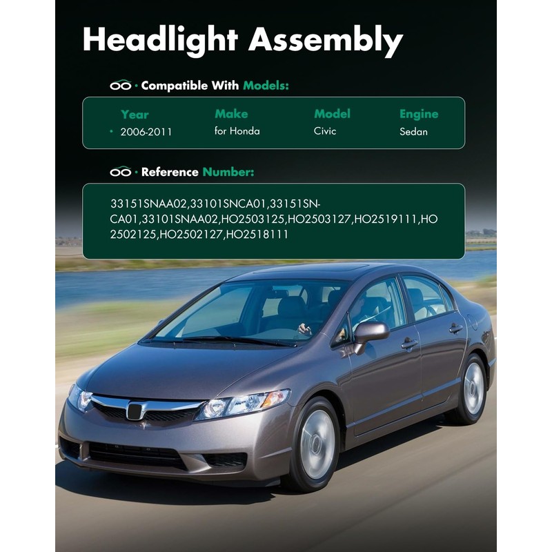 SCITOO Headlight Assembly Fit 2006-2011 for Honda Civic Sedan Pair