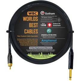 WORLDS BEST CABLES 5 Foot – TS to RCA Cable – Gotham GAC-1 Ultra Pro Low- Capacitance Instrument Cable & Neutrik NP2X-B & Amphenol ACPL-CBK Gold Plugs - Custom Made