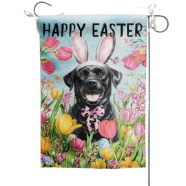 Black Labrador Dog Garden Flag 12x18 Inch, Happy Easter Cute Bunny Ears Lab Dog Double Sided Vertical Decorative Yard Flag Banner Flags for Outside Lawn Patio House Decoration