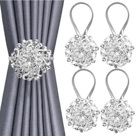 BOCHION Curtain Tie Backs, 4 Pack Sparkling Magnetic Curtain Tiebacks, Crystal Window Curtain Decorative Clips, Drapery Holdbacks With Stainless Spring Wire, No Drilling For Home Hotel Office (Silver)