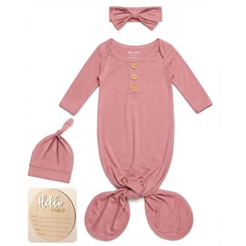 Newborn Knotted Gown Set, 4Pcs Ultra-Soft Silky Long Sleeve Baby Sleepers with Hat Bow & Announcement Sign, Gender Neutral Baby Girl Boy Clothes, Hospital Going Home Outfit, Registry Must Haves