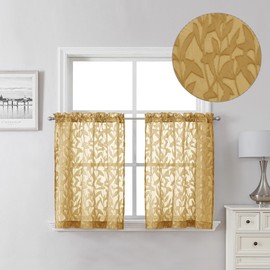 Lecloud Leia Dark Gold Sheer Cafe Curtain 24 Inch Length 2 Pcs, Jacquard Textured Leaf Voile Kitchen Curtain with Dual Rod Pocket, Clip Farmhouse Bedroom Living Room Curtain Tiers, 40 W x 24 L