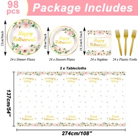 98Pcs Flower Retirement Party Decorations Happy Retirement Party Plates Napkins Tablecloths White Peony Tableware Pink Gold Floral Disposable Table Cover for Women Goodbye Going Away Party Supplies