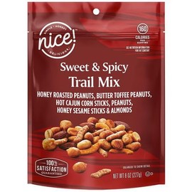 Sweet & Spicy Snack Trail Mix, 8 oz Resealable Snacking Zip Bag (SimplyComplete Bundle) Nice Blend: Honey Roasted Peanuts, Butter Toffee Peanuts, Hot Cajun Corn Sticks, Honey Sesame Sticks, Peanuts & Almonds