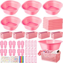 Mumufy 6 Sets Kids Foot Spa Kit for Girl Spa Party with Pink Washbasin Salon Towels Nail Kit for DIY Manicure and Pedicure Set with Foot Care Kit for Spa Party Sleepovers Slumber Party (Light Pink)