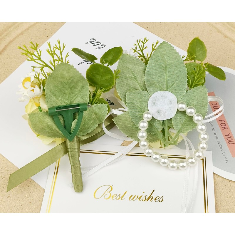 MAFELOE Artificial Corsage Boutonniere, Light Yellow+Champagne, 2 Pieces