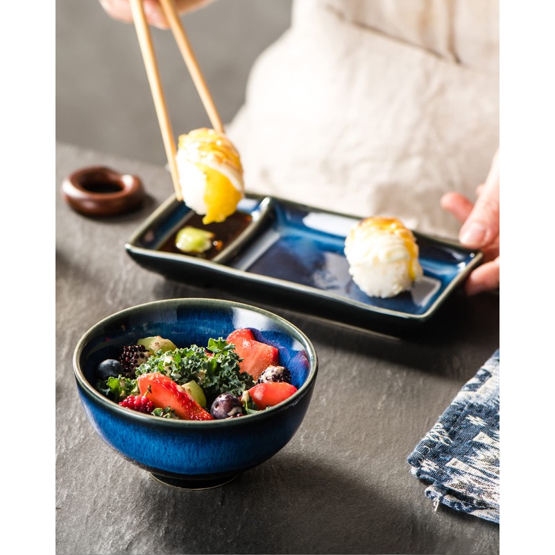 Ceramic Japanese Appetizer Sushi Plates and Bowls Set for 2